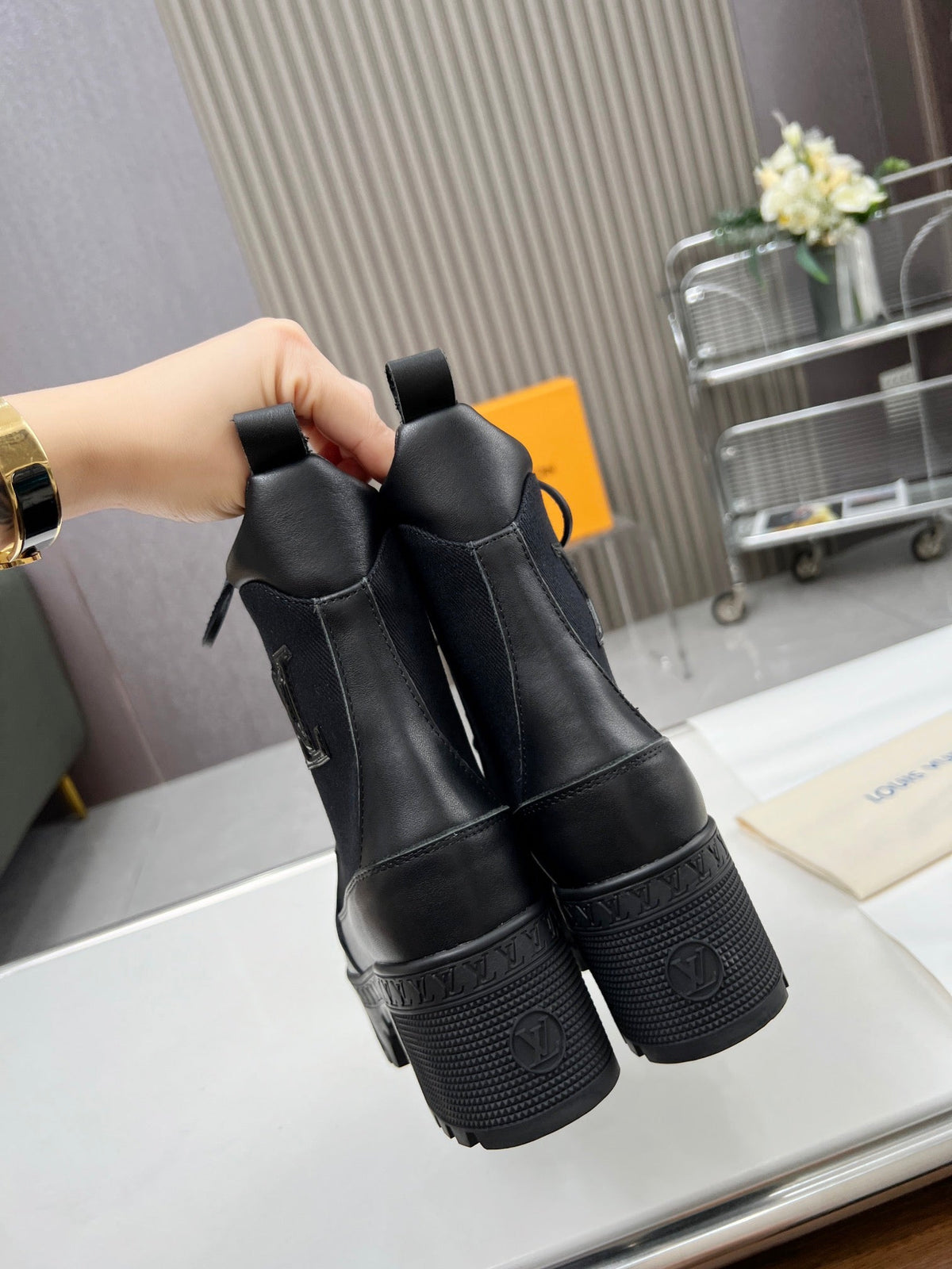 LAUREATE PLATFORM DESERT BOOT IN BLACK JACQUARD AND CALFSKIN