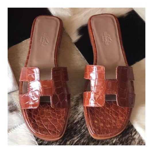 HERM Oran Sandals In Orange Shiny Niloticus Crocodile
