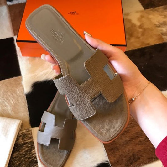 HERM Oran Slide Sandals In Taupe Epsom Calfskin