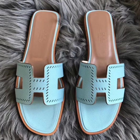 HERM Oran Perforated Sandals In Blue Atoll Epsom Leather