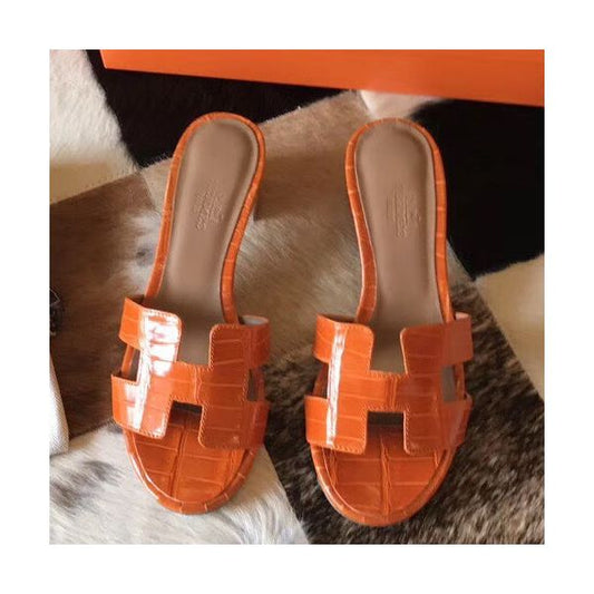 HERM Oasis Sandals In Orange Shiny Niloticus Crocodile