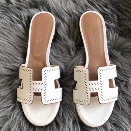HERM Oasis Sandals In White Perforated Epsom Leather