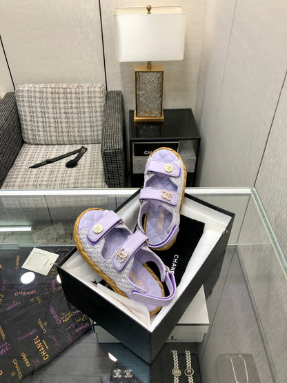 VELCRO SANDALS IN PALE PURPLE LAMBSKIN AND TWEED FABRIC