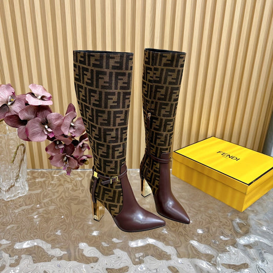 FF BOOTIES HIGH BOOTS IN SANGRIA PURPLE CALFSKIN AND MEDIUM BROWN MONOGRAM FF FABRIC