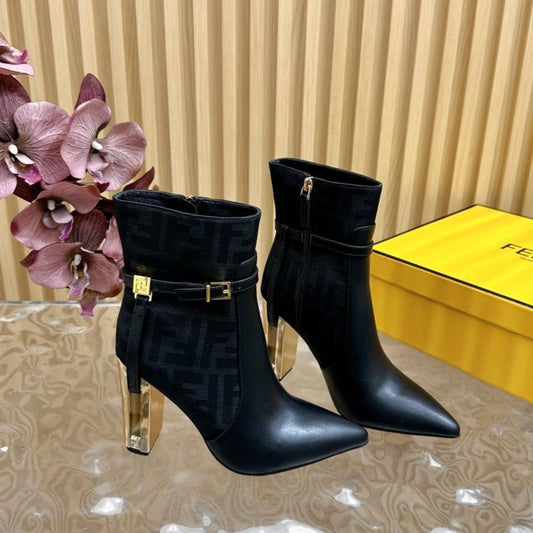 FF BOOTIES BOOTS IN BLACK CALFSKIN AND MONOGRAM FF FABRIC