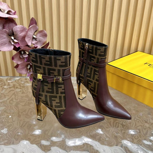 FF BOOTIES BOOTS IN SANGRIA PURPLE CALFSKIN AND MONOGRAM FF FABRIC