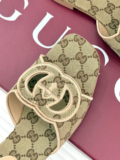 SLIDE SANDALS IN DARK BEIGE FABRIC EMBOSSED LOGO STYLE 3