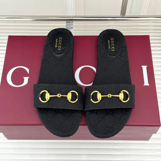 SLIDE SANDALS IN BLACK FABRIC EMBOSSED LOGO