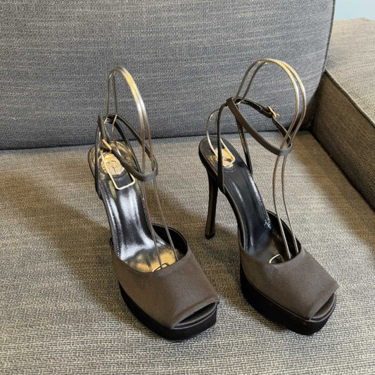 LA SCANDALE PLATFORM SANDALS IN TAUPE BROWN SATIN
