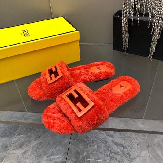 FENDI BAGUETTE SLIDE SLIPPERS IN CHERRY RED WOOL