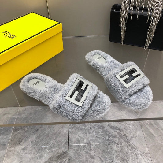 FENDI BAGUETTE SLIDE SLIPPERS IN GREY WOOL