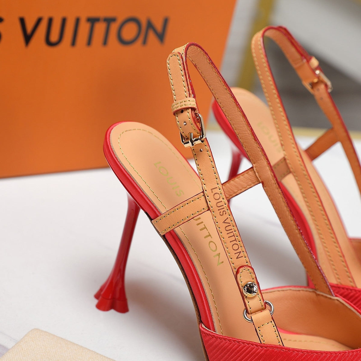 LV WOMEN BLOSSOM SLINGBACK PUMP IN CHERRY RED EMBROIDERED FABRIC
