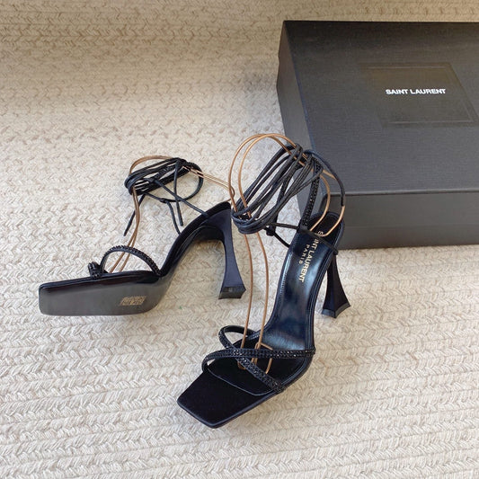 LIZA SANDALS IN BLACK SILK WITH CRYSTALS