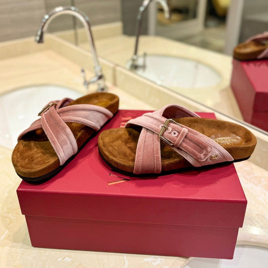 FUSSFRIEND CREPE PINK SILK VELVET SLIDE SANDALS